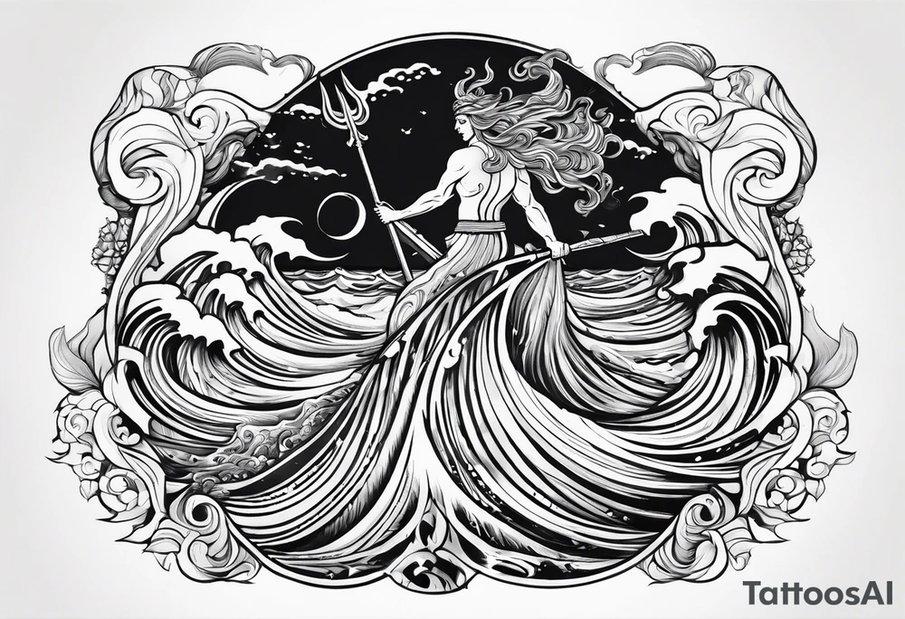 Poseidon raising trident with waves tattoo idea