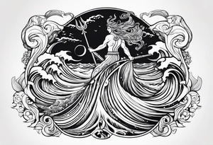 Poseidon raising trident with waves tattoo idea