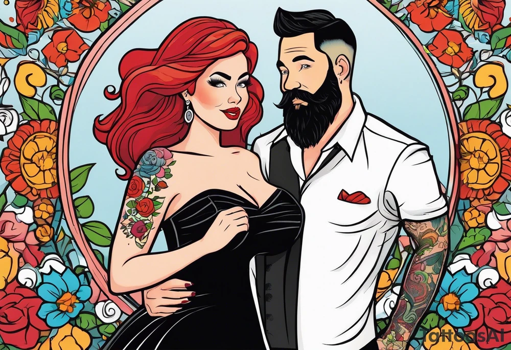 Busty red haired woman with a bearded man who has black hair getting married tattoo idea