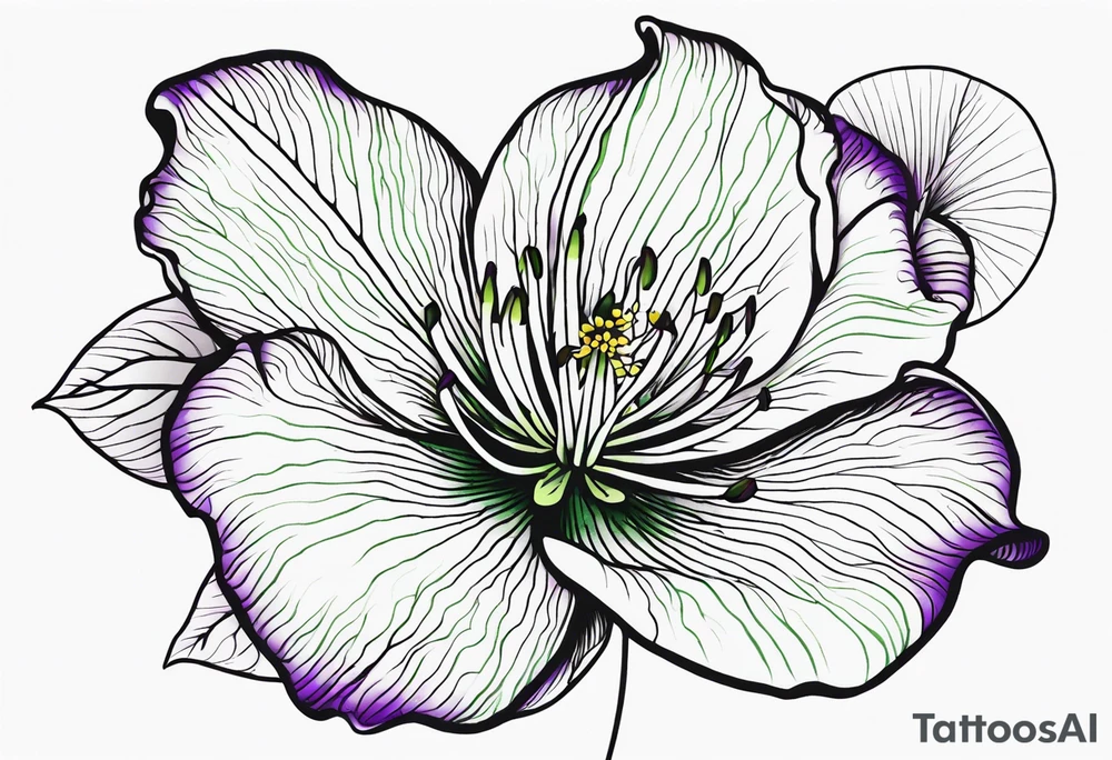 An outline of a rio dipladenia flower with green and purple behind it tattoo idea