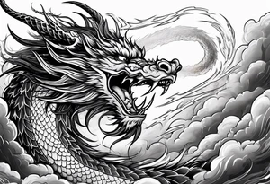 chinese dragon blowing fire while flying through a thunderstorm tattoo idea
