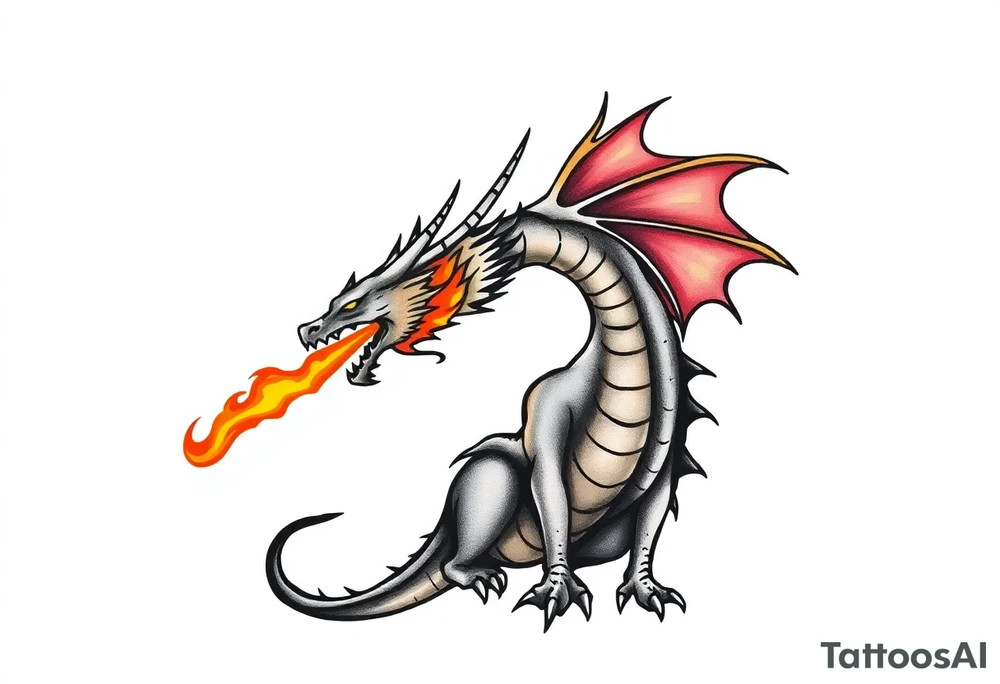 fierce dragon breathing iridescent fire against stormy skies tattoo idea