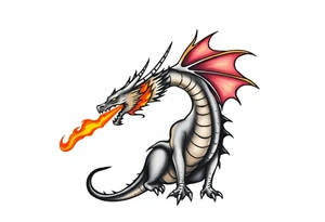 fierce dragon breathing iridescent fire against stormy skies tattoo idea