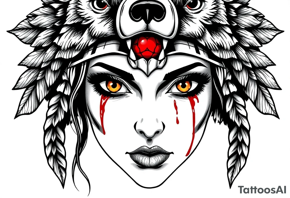 Symmetrical Beautiful Woman with colored eyes, shedding a tear, with battle scars and blood on face, wearing a mean looking bear headdress on head tattoo idea