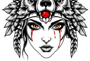 Symmetrical Beautiful Woman with colored eyes, shedding a tear, with battle scars and blood on face, wearing a mean looking bear headdress on head tattoo idea