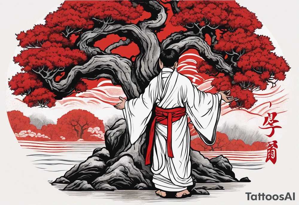 Three of bows.  Robed man in white. Right hand up. Left hand holding a bow. A one red and one white snake intertwining going up the front of the robe. Large oak tree behind him. And two paths going around him and the tree. tattoo idea