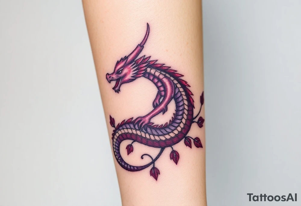 A bracelet wrapped around the arm dragon with purple and red tones, feathers and vines tattoo idea