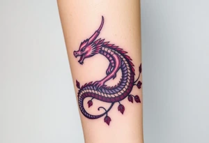 A bracelet wrapped around the arm dragon with purple and red tones, feathers and vines tattoo idea