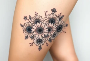 Bouquet of sunflowers, water Lillies, dahlias, marigolds, carnations, hydrangeas, daisys, and chrysanthemums tattoo idea