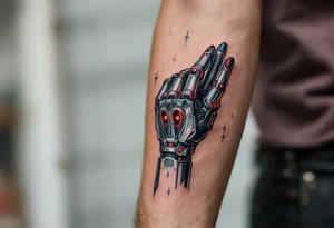 A tattoo depicting a mechanical hand socketed into the forearm, with crimson power cores pulsing behind stainless steel plating. tattoo idea