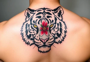 tiger with flower in the pupil of the eye bright colors trash polka tattoo idea