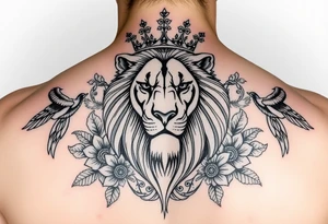 powerful majestic lion with a crown, surrounded by floral ornaments and birds tattoo idea
