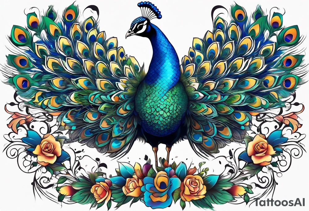 Peacock surrounded by music tattoo idea
