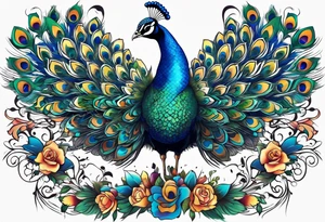 Peacock surrounded by music tattoo idea