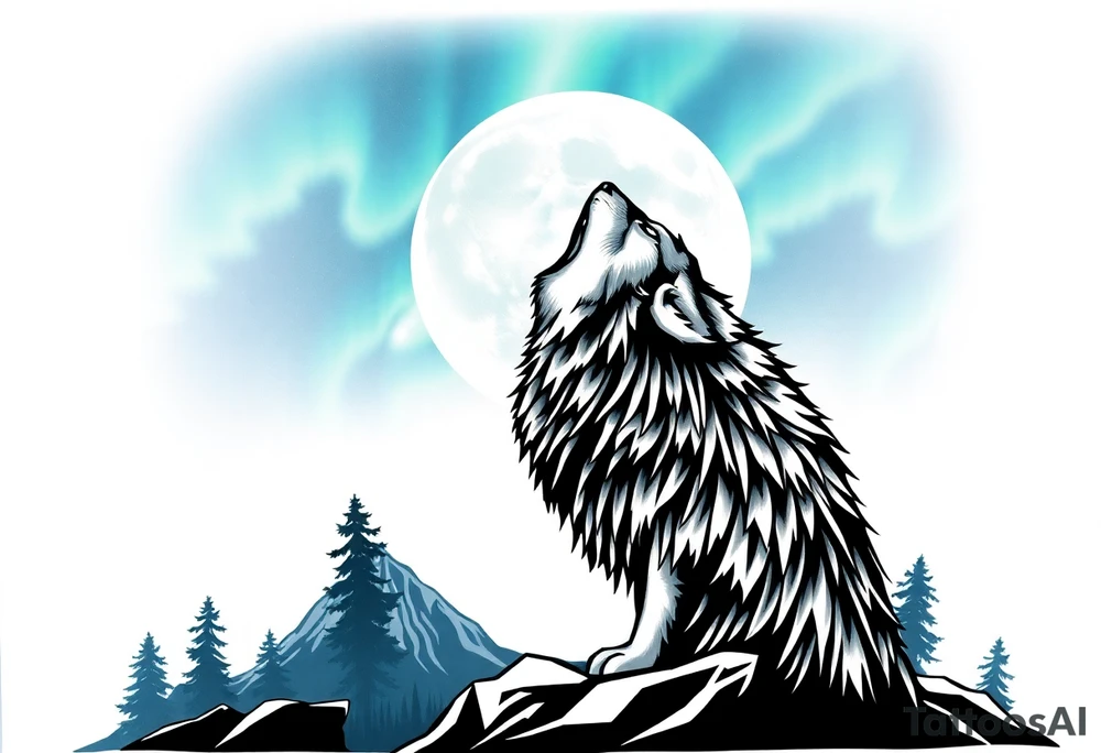 lone wolf howling at full moon with northern lights backdrop tattoo idea