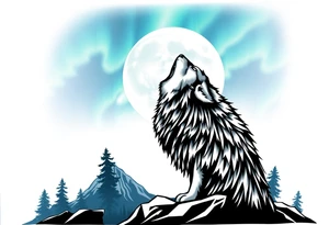 lone wolf howling at full moon with northern lights backdrop tattoo idea