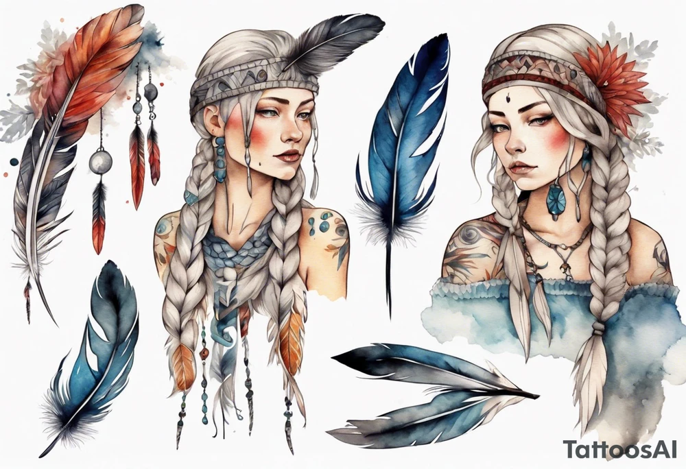 a full image Nordic woman with a single feather in her hair tattoo idea