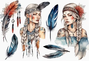 a full image Nordic woman with a single feather in her hair tattoo idea