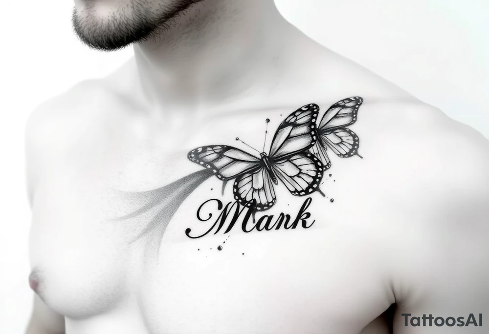 right side of chest with butterflies with the name “Mark” tattoo idea