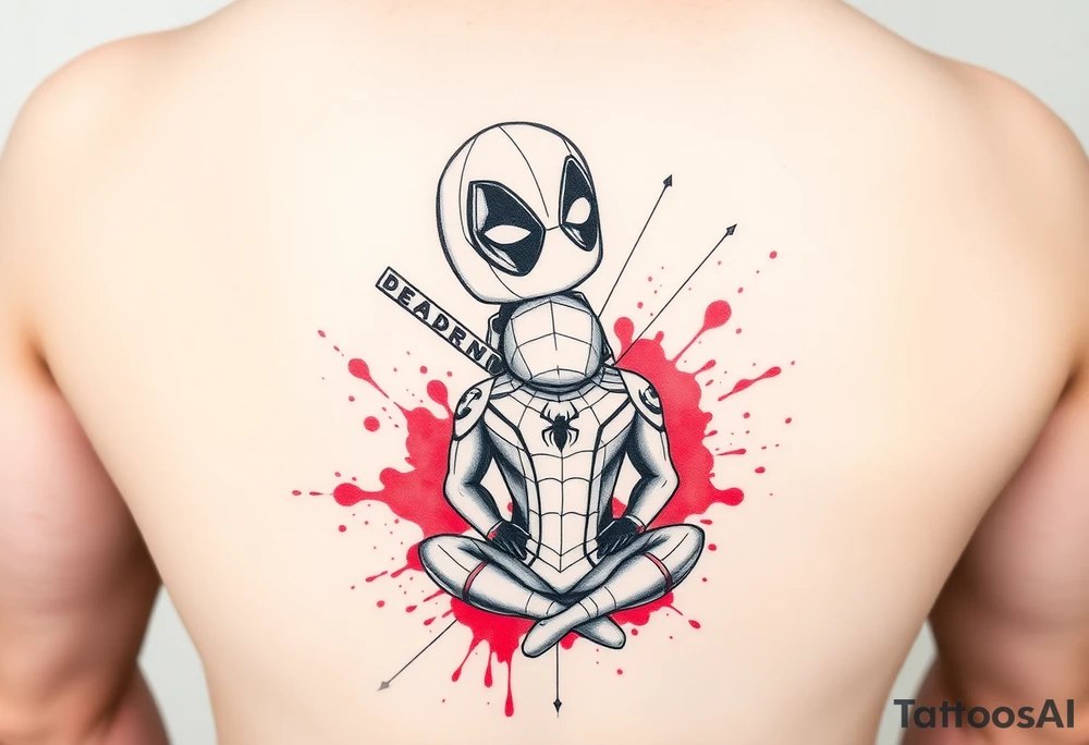 A vertical stacked tattoo design for a half-sleeve on a white background. At the top is a chibi Deadpool character in a bold ink sketch style. At the bottom is a chibi Spider-Man character sitting cross-legged in a loose pencil sketchbook style. High contrast black and grey shading. The two characters are connected by loose, energetic sketch lines and a thin spiderweb thread hanging between them. Dramatic, stylized splashes of bright, vibrant watercolor red ink splatter bursting out around both characters' suits, bleeding into the negative space. Tattoo flash sheet style, crisp linework. tattoo idea