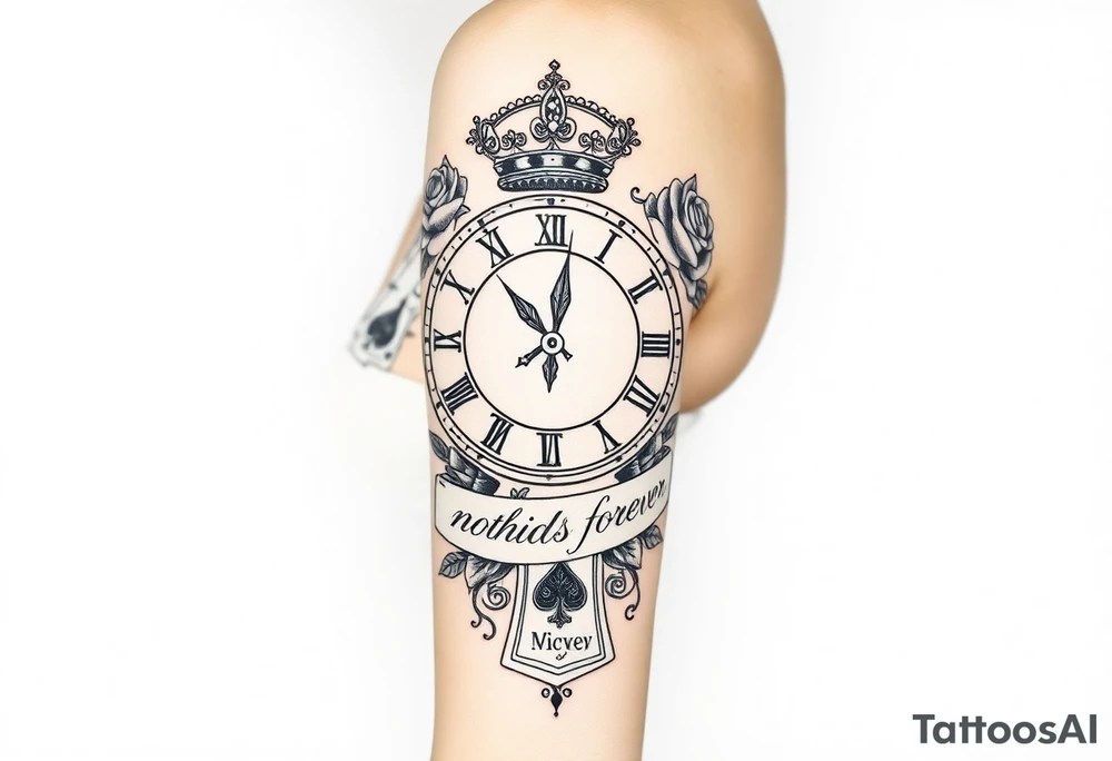 Roman clock with roses and a crown,  a quote that says nothings forever. and on the bottom a deck of cards tattoo idea