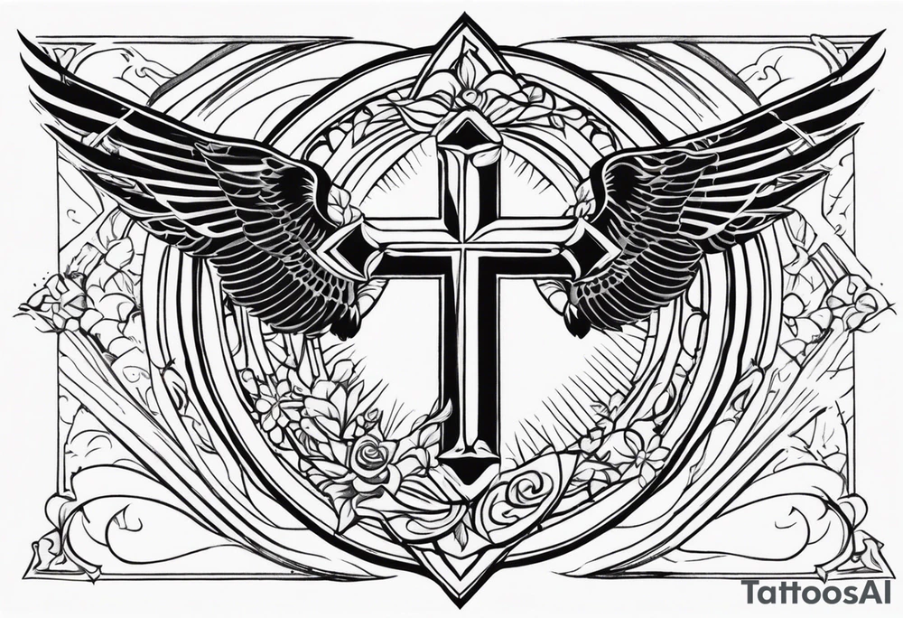 Cross with doves and rays of a sun with the date 08/21/2024 tattoo idea