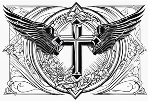Cross with doves and rays of a sun with the date 08/21/2024 tattoo idea
