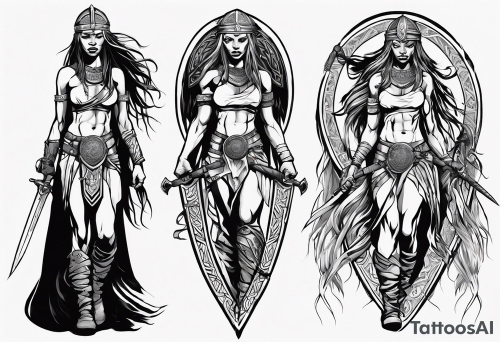 African female valkyre Viking warrior full body angelic
slim long face long braided hair descending from heaven holding sword & shield tattoo idea