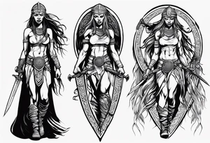 African female valkyre Viking warrior full body angelic
slim long face long braided hair descending from heaven holding sword & shield tattoo idea