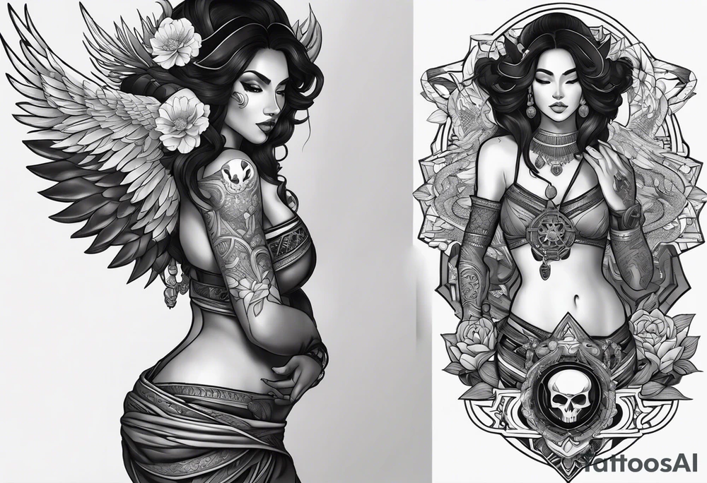 kali ma, alien goddess, valkrye, aries, pirate, divine feminine, zenza resonance, pachamama, lotus azul, blank panther, eagle, skull, 5D, nueva gaya, dna 12, left side chest tatoo tattoo idea