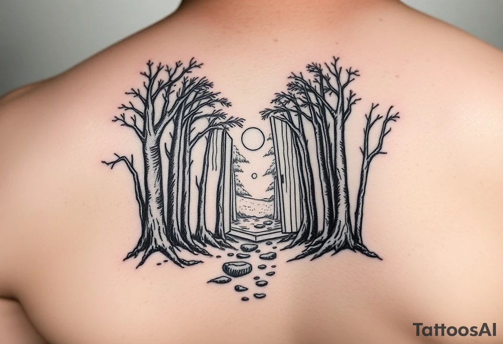 A forest with a doorway that is slightly ajar, leading to space tattoo idea