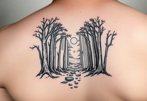 A forest with a doorway that is slightly ajar, leading to space tattoo idea