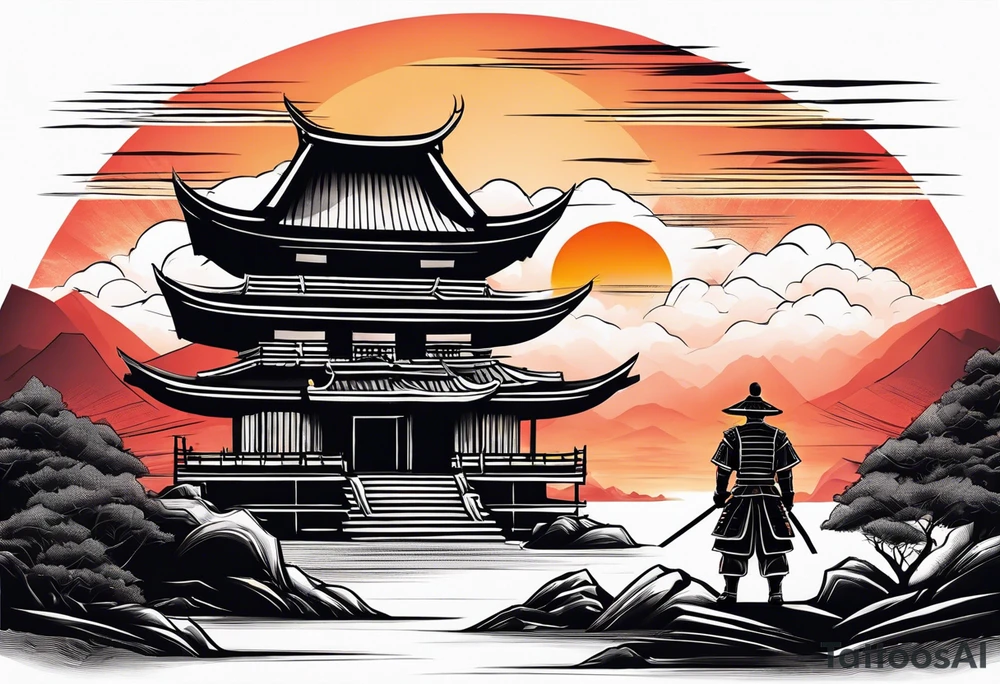 Samurai standing next to a temple with a sunset behind him tattoo idea Samurai standing next to a temple with a sunset behind him tattoo idea