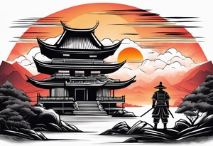 Samurai standing next to a temple with a sunset behind him tattoo idea