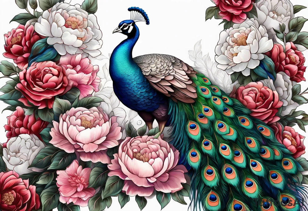 beautiful highly detailed peacock surrounded by peonies, roses. and leaves, philligry, intricate, detailed, tattoo idea