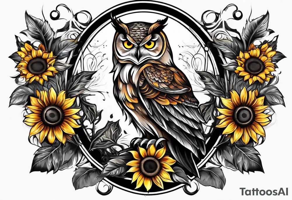 Owl and sunflower sleeve tattoo idea
