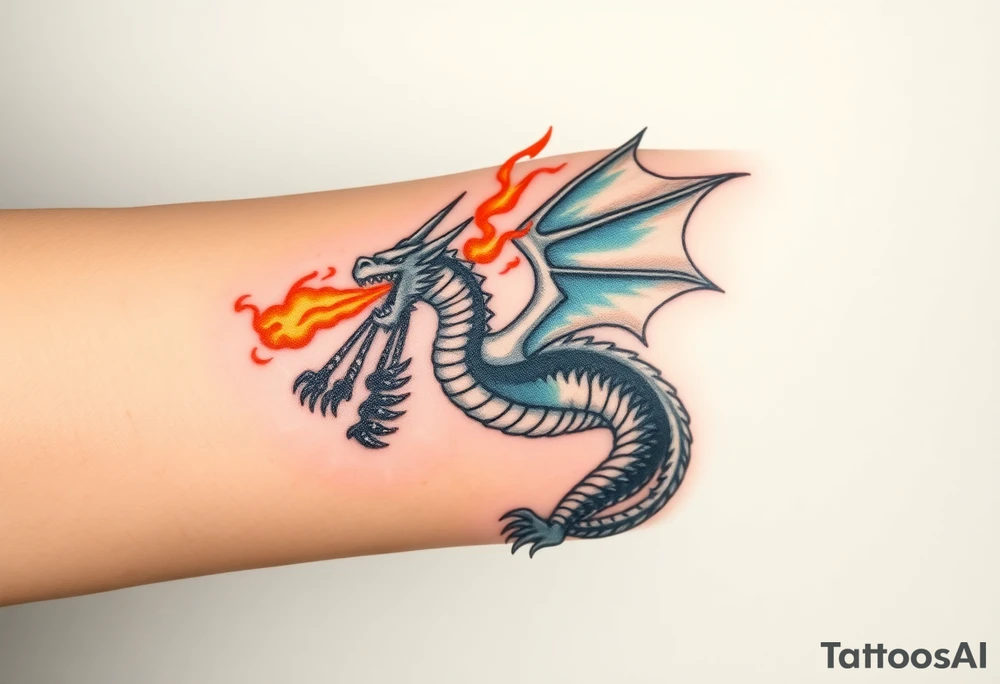 fierce dragon breathing iridescent fire against stormy skies tattoo idea