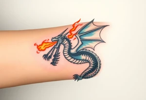 fierce dragon breathing iridescent fire against stormy skies tattoo idea