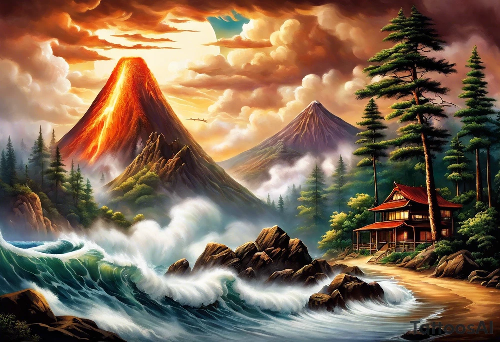 A large landscape tattoo that starts with a volcano with smoke coming out, then the mountain becomes a mountain range that has pine trees and a river, then as you move to the right, the river blends into an ocean with small waves at the beach and palm trees, then the waves turn into larger waves with clouds and the sun on top tattoo idea