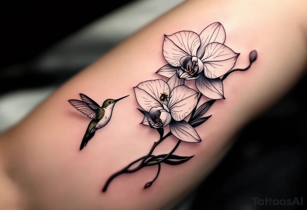 A delicate, black and white fine-line tattoo for male, featuring gracefully detailed 2 orchids in full bloom including their stems, with soft, intricate petals and elegant curves. Beside it, a hummingbird hovers mid-flight, its wings drawn with subtle motion lines, its slender beak reaching toward the orchid’s center to drink its nectar. on the other flower there is a bee that is resting tattoo idea