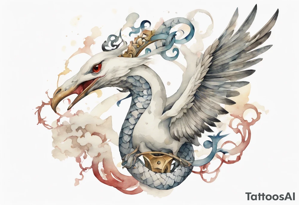 a watercolor of a white bird-serpent hybrid wearing an iron crown, flying tattoo idea
