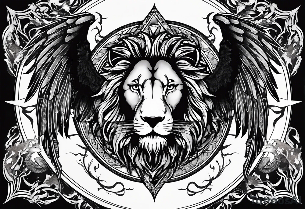 Ouroboros with in center a lion with burned wings tattoo idea