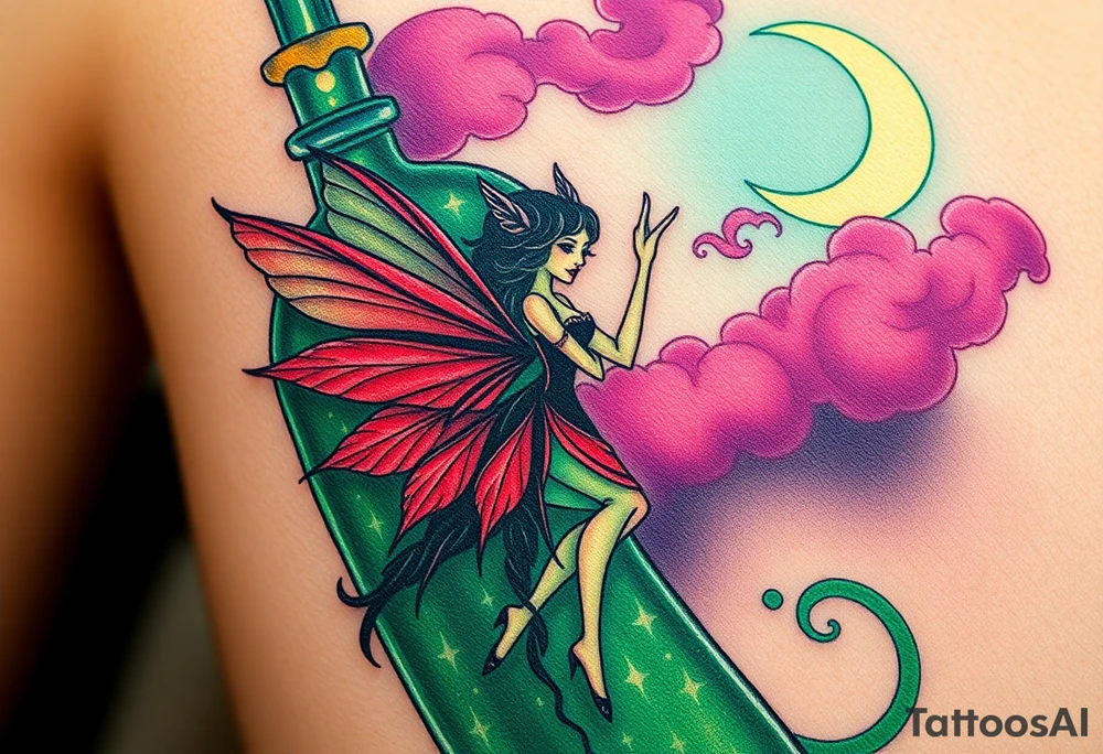 Tim Burton’s kelly doty pin up style Vintage Parisian elegant and hauntingly beautiful yet eerie full body absinthe Green Fairy dances outside her victorian crystal decatur she was once inside this elaborate ornate bottle absinthe bottle Absinthe Art Nouveau   and dripping with muted reds, dusty pinks, and eerie green glow.purple and cyan smokey clouds swirl in the crescent moonlit sky thats sprinkled with stars tattoo idea