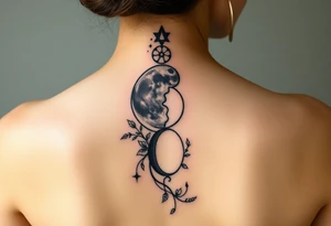 Phases of the moon detailed down the spine details on the moon. With vines and stars and flowers along the sides down beside the phases of the moon tattoo idea