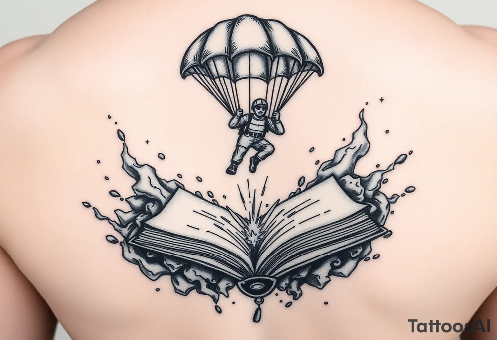 A parachuting soldier landing into an open book. Chaos surrounding, but a sense of security inside the book tattoo idea