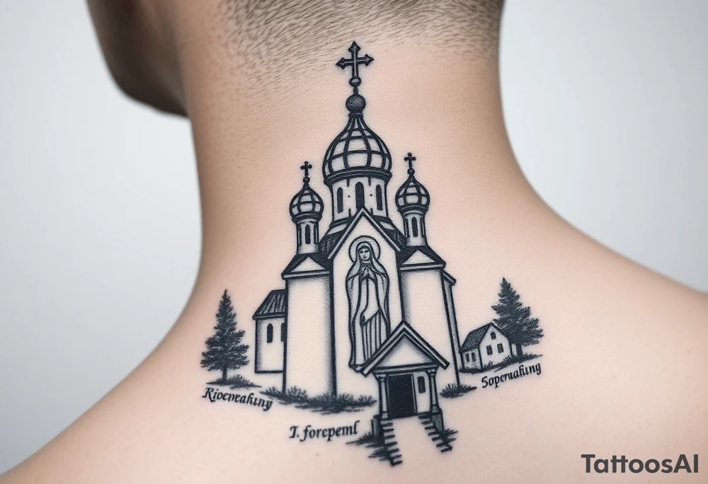 rusian orthodox domes church with a virgin mary in a russian rural village with Church Slavonic script or Cyrillic text — a prayer or meaningful phrase running along the sides tattoo idea