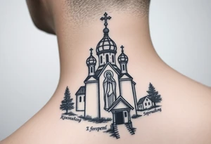 rusian orthodox domes church with a virgin mary in a russian rural village with Church Slavonic script or Cyrillic text — a prayer or meaningful phrase running along the sides tattoo idea