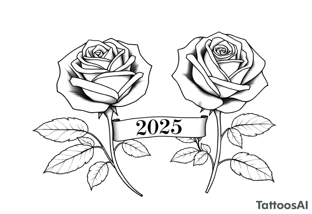 two beautiful large rose buds, one larger than the other, with many leaves next to the rose buds, with one sitting higher than the other. Include a banner connecting the two roses with the year "2025" on it.   Use dark outlines with little shading. The two stems should be short, not long, and connect and join into one stem, whimsically curved or twisted - not straight down. tattoo idea