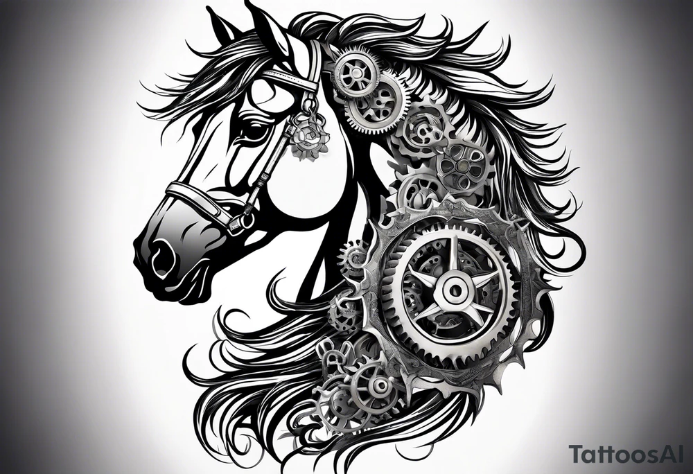 a horse head made out of gears. The horse's mane made out of rope tattoo idea