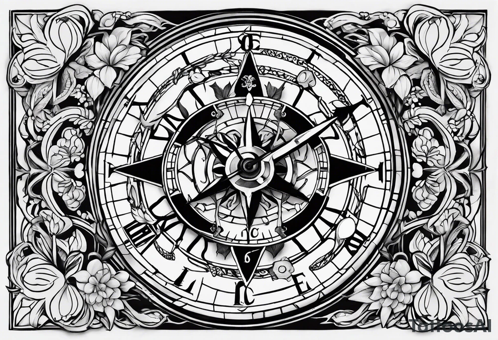 combination of a nautical compass and a old school clock face, and a doctor bird and tree of life and decorated with lignum vitae flowers, 3/4 sleeve on arm, flowing down the arem tattoo idea